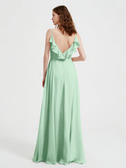 Spaghetti Straps V neck Dresses with Slit Mint Green