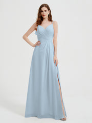 Spaghetti Straps V neck Dresses with Slit Mist