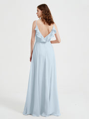 Spaghetti Straps V neck Dresses with Slit Mist