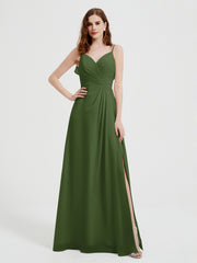 Spaghetti Straps V neck Dresses with Slit Moss
