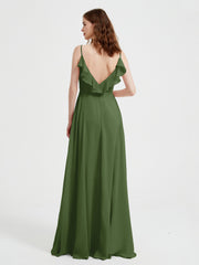Spaghetti Straps V neck Dresses with Slit Moss