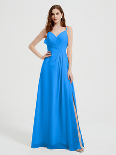 Spaghetti Straps V neck Dresses with Slit Ocean Blue Plus Size