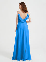 Spaghetti Straps V neck Dresses with Slit Ocean Blue