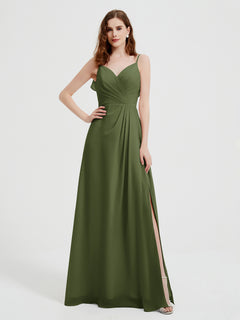 Spaghetti Straps V neck Dresses with Slit Olive Green