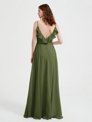 Spaghetti Straps V neck Dresses with Slit Olive Green Plus Size