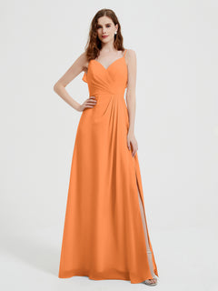 Spaghetti Straps V neck Dresses with Slit Orange Plus Size