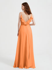 Spaghetti Straps V neck Dresses with Slit Orange