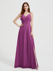 Spaghetti Straps V neck Dresses with Slit Orchid