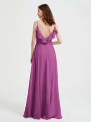 Spaghetti Straps V neck Dresses with Slit Orchid