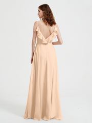 Spaghetti Straps V neck Dresses with Slit Peach Plus Size