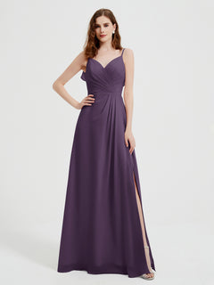 Spaghetti Straps V neck Dresses with Slit Plum