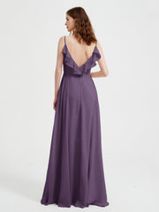 Spaghetti Straps V neck Dresses with Slit Plum Plus Size