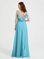 Spaghetti Straps V neck Dresses with Slit Pool Plus Size