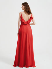 Spaghetti Straps V neck Dresses with Slit Red