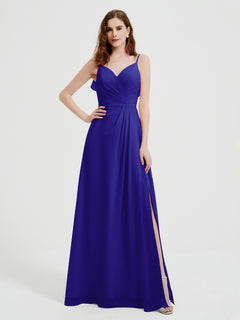 Spaghetti Straps V neck Dresses with Slit Royal Blue Plus Size