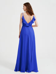 Spaghetti Straps V neck Dresses with Slit Royal Blue
