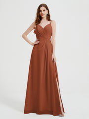 Spaghetti Straps V neck Dresses with Slit Rust