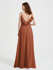Spaghetti Straps V neck Dresses with Slit Rust