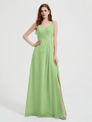 Spaghetti Straps V neck Dresses with Slit Sage