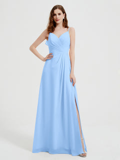 Spaghetti Straps V neck Dresses with Slit Sky Blue Plus Size