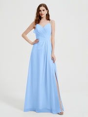 Spaghetti Straps V neck Dresses with Slit Sky Blue