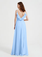 Spaghetti Straps V neck Dresses with Slit Sky Blue