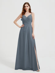Spaghetti Straps V neck Dresses with Slit Slate Blue Plus Size