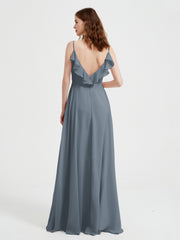 Spaghetti Straps V neck Dresses with Slit Slate Blue Plus Size
