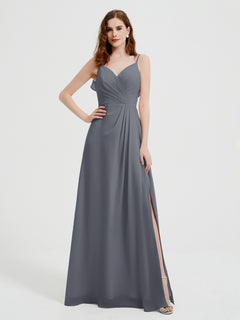 Spaghetti Straps V neck Dresses with Slit Steel Grey