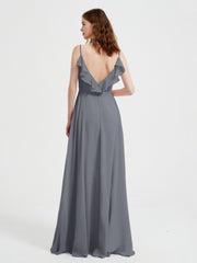 Spaghetti Straps V neck Dresses with Slit Steel Grey Plus Size