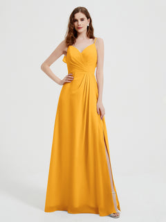 Spaghetti Straps V neck Dresses with Slit Tangerine