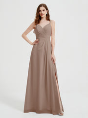 Spaghetti Straps V neck Dresses with Slit Taupe Plus Size