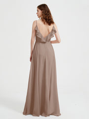 Spaghetti Straps V neck Dresses with Slit Taupe Plus Size