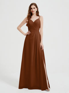 Spaghetti Straps V neck Dresses with Slit Terracotta