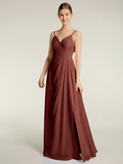 Spaghetti Straps V neck Dresses with Slit Terracotta Plus Size