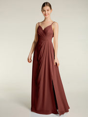 Spaghetti Straps V neck Dresses with Slit Terracotta