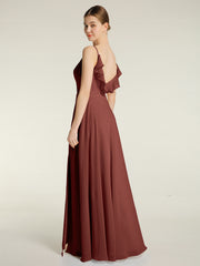 Spaghetti Straps V neck Dresses with Slit Terracotta