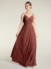 Spaghetti Straps V neck Dresses with Slit Terracotta