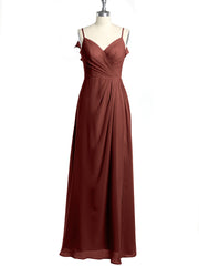 Spaghetti Straps V neck Dresses with Slit Terracotta