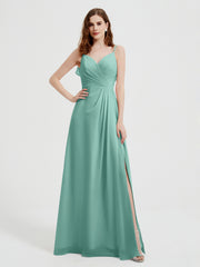 Spaghetti Straps V neck Dresses with Slit Turquoise