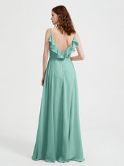 Spaghetti Straps V neck Dresses with Slit Turquoise