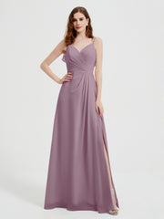 Spaghetti Straps V neck Dresses with Slit Vintage Mauve