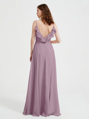 Spaghetti Straps V neck Dresses with Slit Vintage Mauve