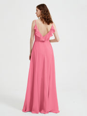 Spaghetti Straps V neck Dresses with Slit Watermelon