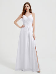 Spaghetti Straps V neck Dresses with Slit White