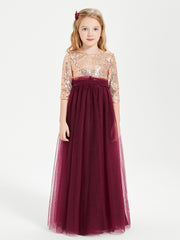 BABARONI Tulle Burgundy Junior Bridesmaid Dresses A-line Scoop 3/4 Sleeve Bow Floor-length, Burgundy / J4