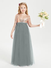 Glamorous Junior Bridesmaid Dresses Sequined Top Steel Grey