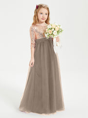 BABARONI Tulle Taupe Junior Bridesmaid Dresses A-line Scoop 3/4 Sleeve Bow Floor-length, Taupe / J4