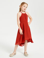 Trendy Tea Length Junior Bridesmaid Dresses Asymmetrical Skirt Rust