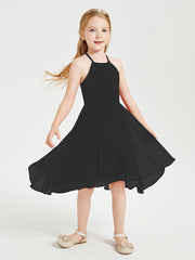 Trendy Tea Length Junior Bridesmaid Dresses Asymmetrical Skirt Black